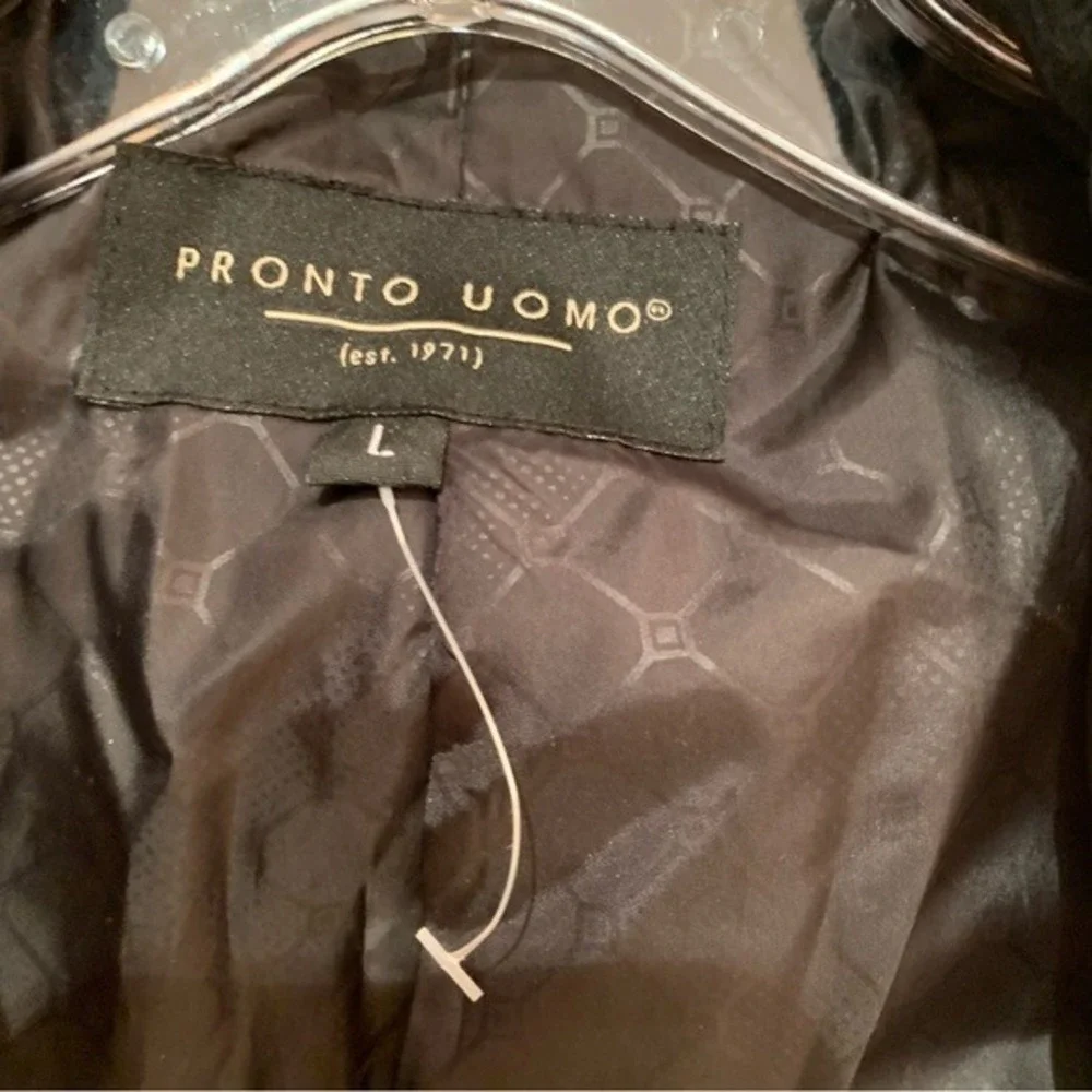 PRONTO UOMO. NWOT. Black jacket w/faux leather trim on shoulder. Three pockets.